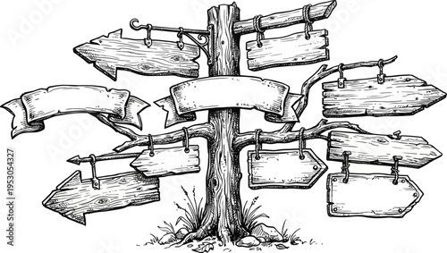 Vintage wooden signpost with multiple directional signs and banners on transparent background