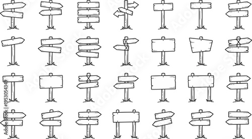 Set of wooden blank signposts for directions and messages