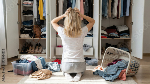 Wallpaper Mural Stressed woman looking at messy closet full of clothes with laundry baskets on the floor at home Torontodigital.ca