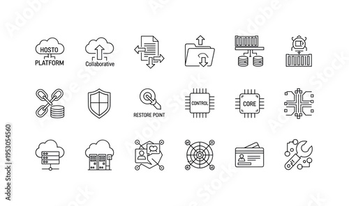 Hosted platform cloud graphic, document transfer arrows, collaborative workspace folder, container orchestration helm, data