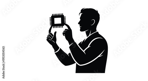 Vector silhouette of man holding computer processor