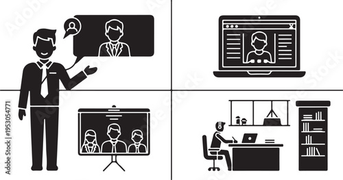  Business training and virtual meeting illustration. Male professional gesturing while presenting ideas on laptop to remote team from modern office..eps