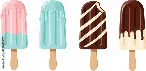 Collection of different ice cream popsicles with chocolate and fruit glaze