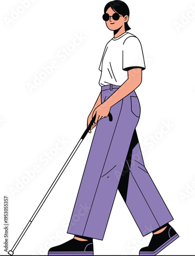 Blind woman walking with a white cane isolated on white background