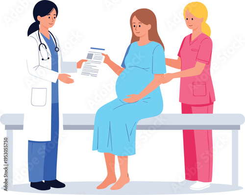 Pregnant woman during medical checkup with doctor and nurse in clinic