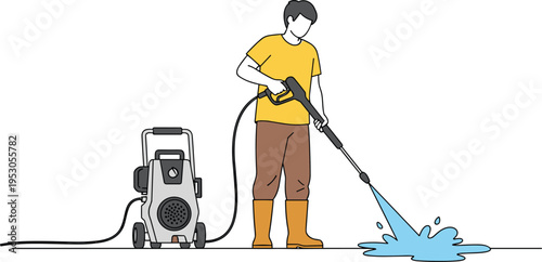 Man cleaning floor with high pressure washer machine isolated on white