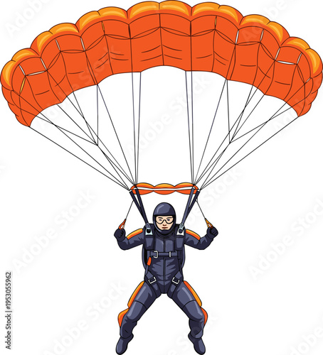 Skydiver flying with an orange parachute isolated on white background