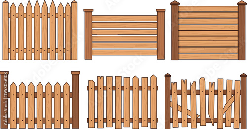 Wooden Fence Set Illustration with Different Styles of Garden Fences, Panels, and Barriers for Outdoor, Farm, and Landscaping Designs