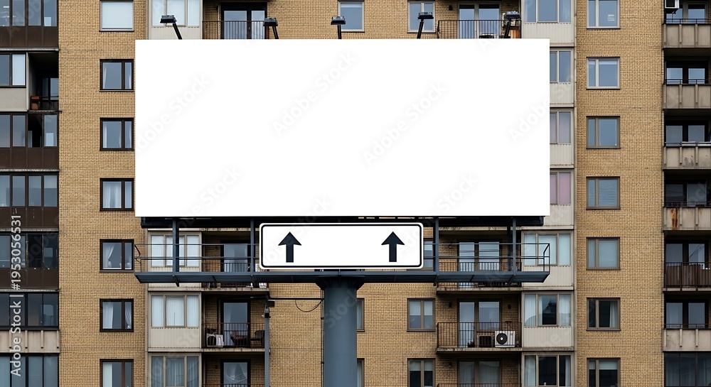 Obraz premium Blank billboard against a brick apartment building, with directional signage