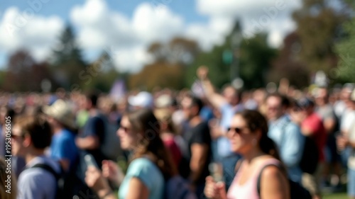 People gathering outdoors, celebrating or protesting, creating a blurred background texture on a summer day