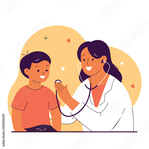 Doctor checking little boy with stethoscope in cartoon style