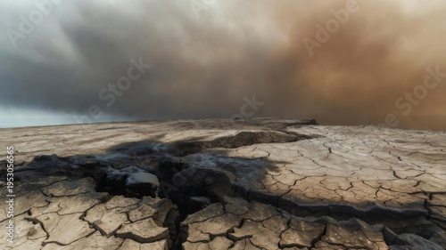 Cracked parched earth with dark fluid in fissures under a polluting sky, symbolizing environmental degradation and drought
