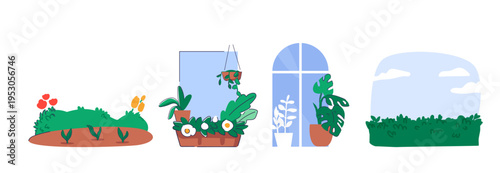 Garden Scenes Set Home And Outdoor Cartoon