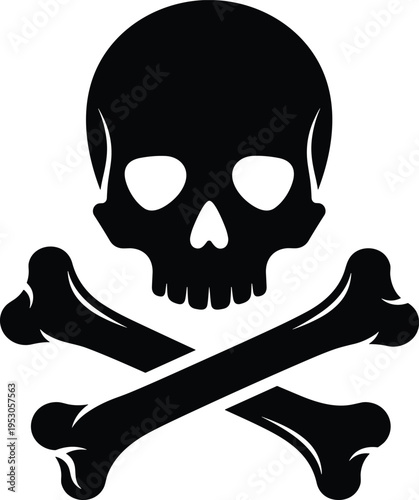 Black skull and crossbones icon, pirate poison or danger warning symbol, death skeleton head vector illustration, isolated on white background