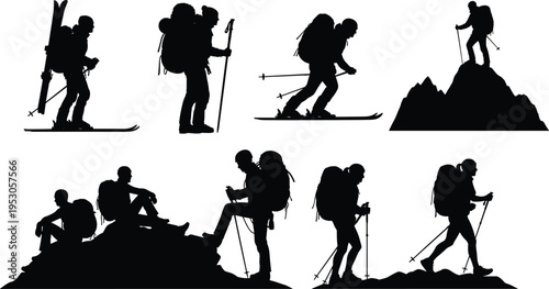 Black silhouettes of mountain hikers and skiers with backpacks and trekking poles exploring peaks on a white background.