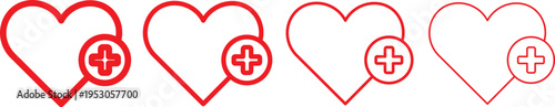 Health care icons vector glyph and thin line. Black icons. Cross plus heart medical icon set