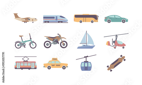 Cargo airplane, bullet train, coach bus, electric sedan, folding bicycle, dirt bike, sailboat yacht, gyrocopter, trolley tram,