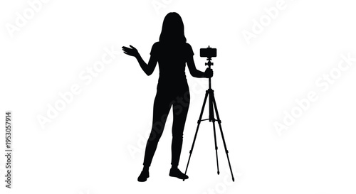 Vector silhouette of woman recording video with camera on tripod