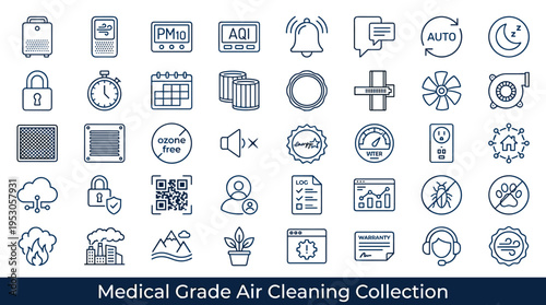 Collection of medical grade air cleaning icons and symbols for technology and health