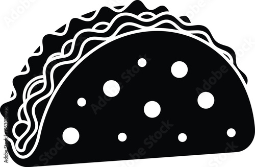 Black taco silhouette with wavy lettuce and meat filling, mexican food icon, minimalist fast food snack illustration, isolated street food symbol, restaurant menu graphic, traditional tortilla wrap.