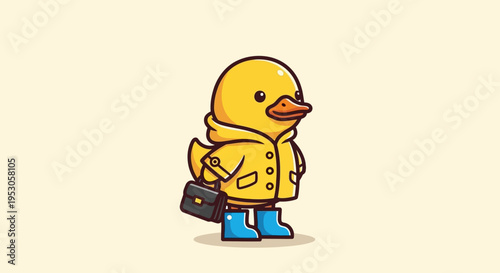 Playful Cartoon Duck Wearing Yellow Raincoat and Blue Boots Holding Briefcase with Humorous Business Theme
