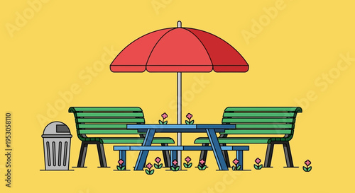 Cheerful Outdoor Picnic Setup with Blue Table, Green Benches, Red Umbrella, Silver Trash Can, Pink Flowers in Sunny Environment