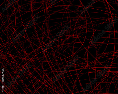 Fotografie Dynamic chaotic red lines on deep black background forming complex random structure and energetic motion