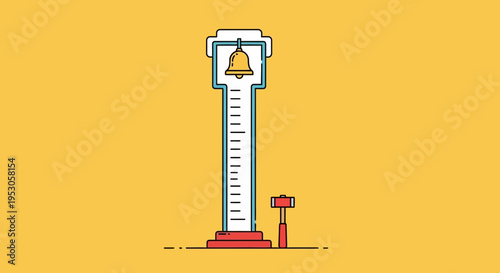 Cartoon Illustration of a Tall White Pole with Bell and Red Base Against Bright Yellow Background