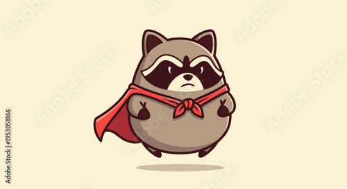 Playful Cartoon Raccoon with Red Cape on Pale Yellow Background, Whimsical Illustration Standing Forward Viewpoint