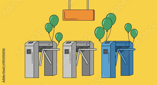 Stylized Illustration of Vibrant Turnstiles with Orange Rectangle and Green Trees Against Yellow Background