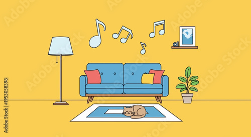 Relaxing Person on Blue Rug in Cozy Yellow Living Room with Couch, Plants, and Floating Music Notes, Illustration