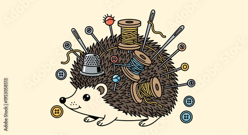 Cartoon Hedgehog with Sewing Tools in Quills, Whimsical Illustration on Minimalist Background Featuring Spool, Thread, Thimble