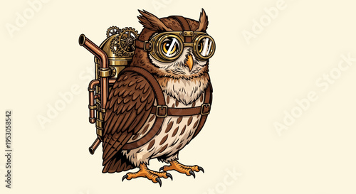 Whimsical Steampunk Owl with Glasses and Backpack Facing Viewer in Adventure-Filled Time Travel Scene