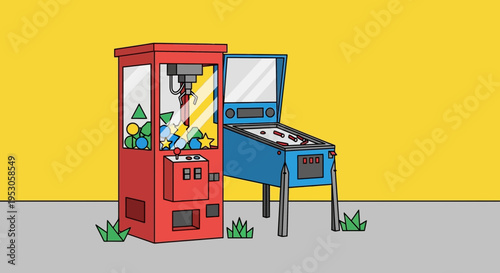 Nostalgic Cartoon Arcade Games on Gray Surface with Green Plants against Vibrant Yellow Background