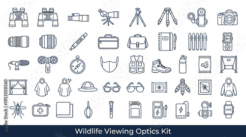 Collection of icons representing essential gear for wildlife observation and outdoor adventures