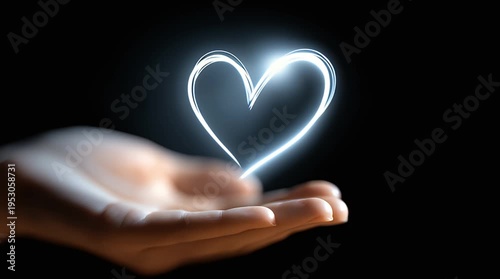 Glowing light heart drawing in hand