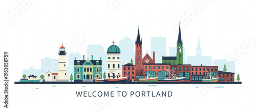 Stylized vector cityscape depicting a picturesque waterfront town with varied buildings and bustling maritime activity