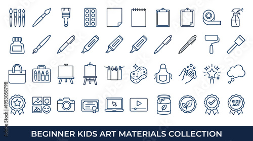 Collection of beginner kids art supplies and creative tools icons for education and hobbies