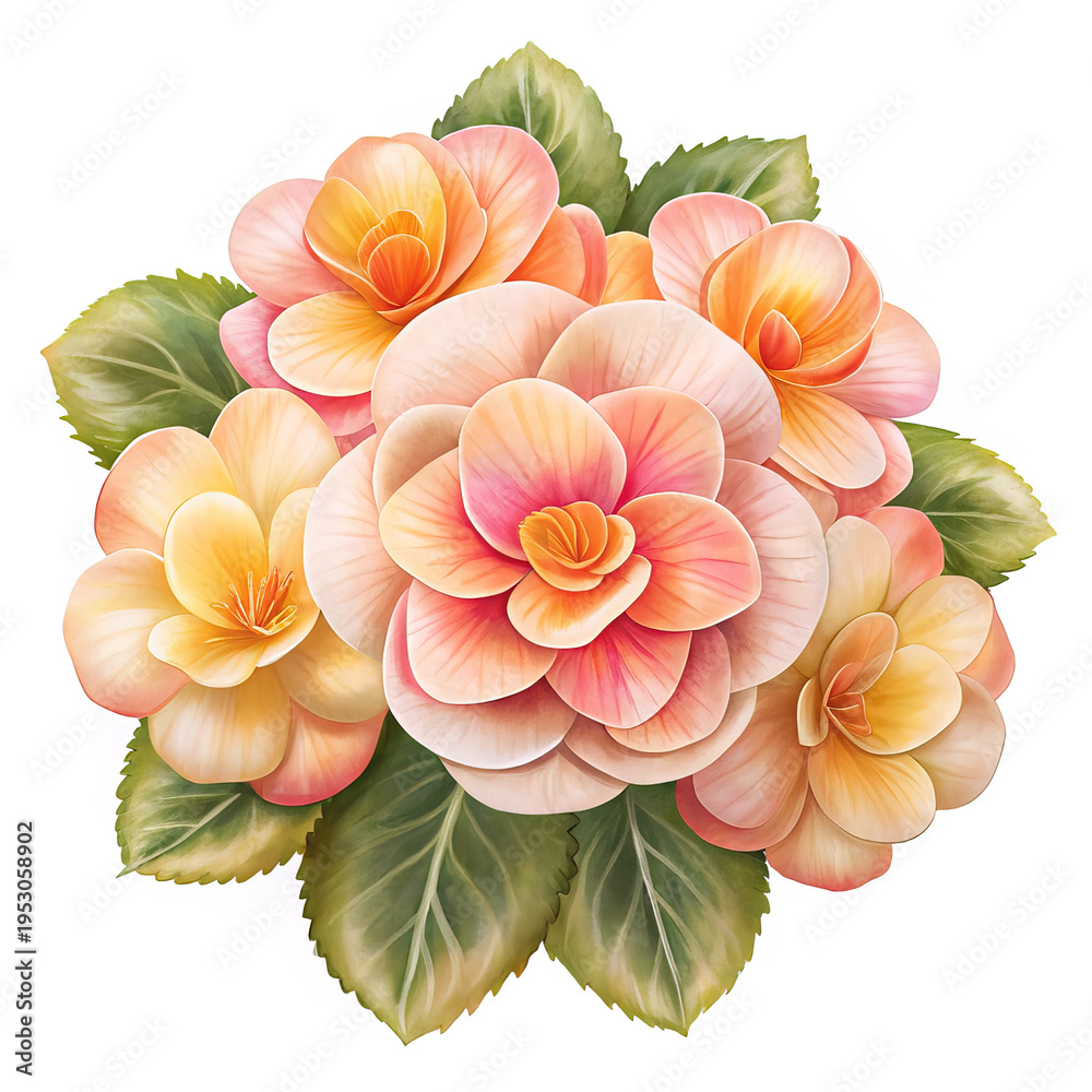 Fototapeta premium Elegant Cluster of Peach and Coral Begonias with Lush Green Foliage