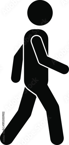 Black walking man silhouette icon for pedestrian motion, human activity symbol, street traffic safety, movement progress, active lifestyle,