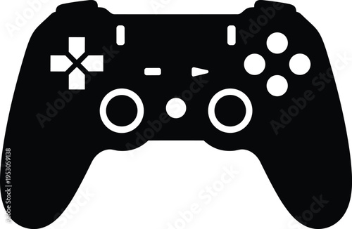 Black video game controller icon, modern gamepad silhouette for gaming and e-sports, flat vector illustration isolated on white background