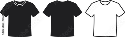 Black white t-shirt icons, short sleeve crew neck silhouettes, fashion apparel templates, clothing mockup, casual wear, vector illustration