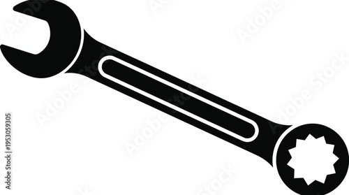 Black wrench icon with open and box ends, professional hardware tool for mechanical repair, maintenance and diy engineering projects, isolated.