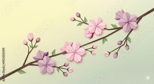 Minimalist Origami Sakura Branch on Pastel Gradient, Vector Illustration of an Origami Sakura Branch on a Soft Pastel Yellow and Green Gradient Background