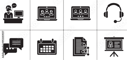 Virtual meeting illustration. Individual using computer to work and talk via video call for remote collaboration..eps