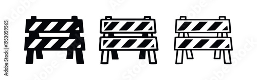 Road barrier icon set. Construction zone, roadblock, or hazard warning symbol in solid, outlined, and line art styles. Vector illustration.