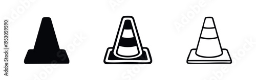Traffic cone icon set. Road safety, construction, or warning symbol in solid, striped, and line art styles. Vector illustration.