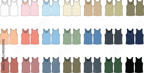 Blank tank top vector templates in various colors, front and back views, realistic fashion apparel design collection, isolated on white background.