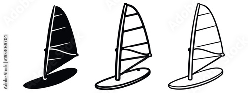 Windsurf Sail and Board Icons Set, Water Sport Equipment Pictograms