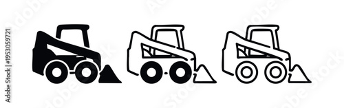 Skid Steer Loader Icons Set, Heavy Construction Machine Pictograms